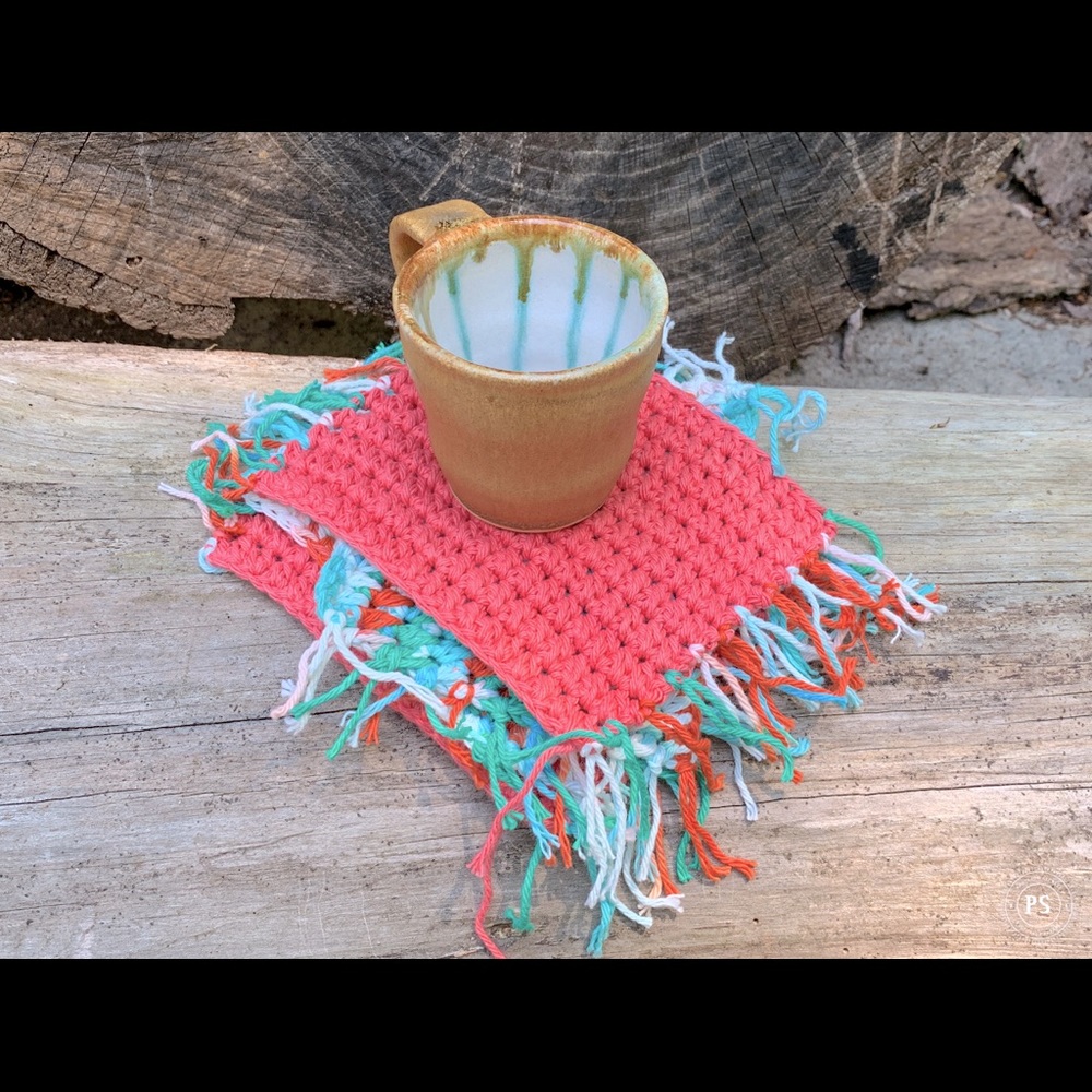Teal/White/Green/Peach Orange Variegated Mug Rugs/Handmade Crochet Set Of 4